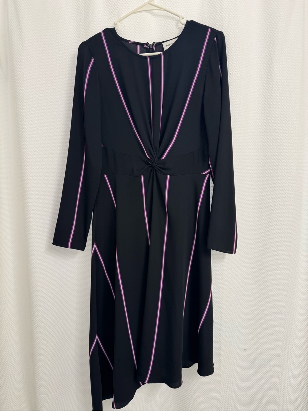 Black Dress with Pink Stripe Twist-Front Long Sleeve Dress
